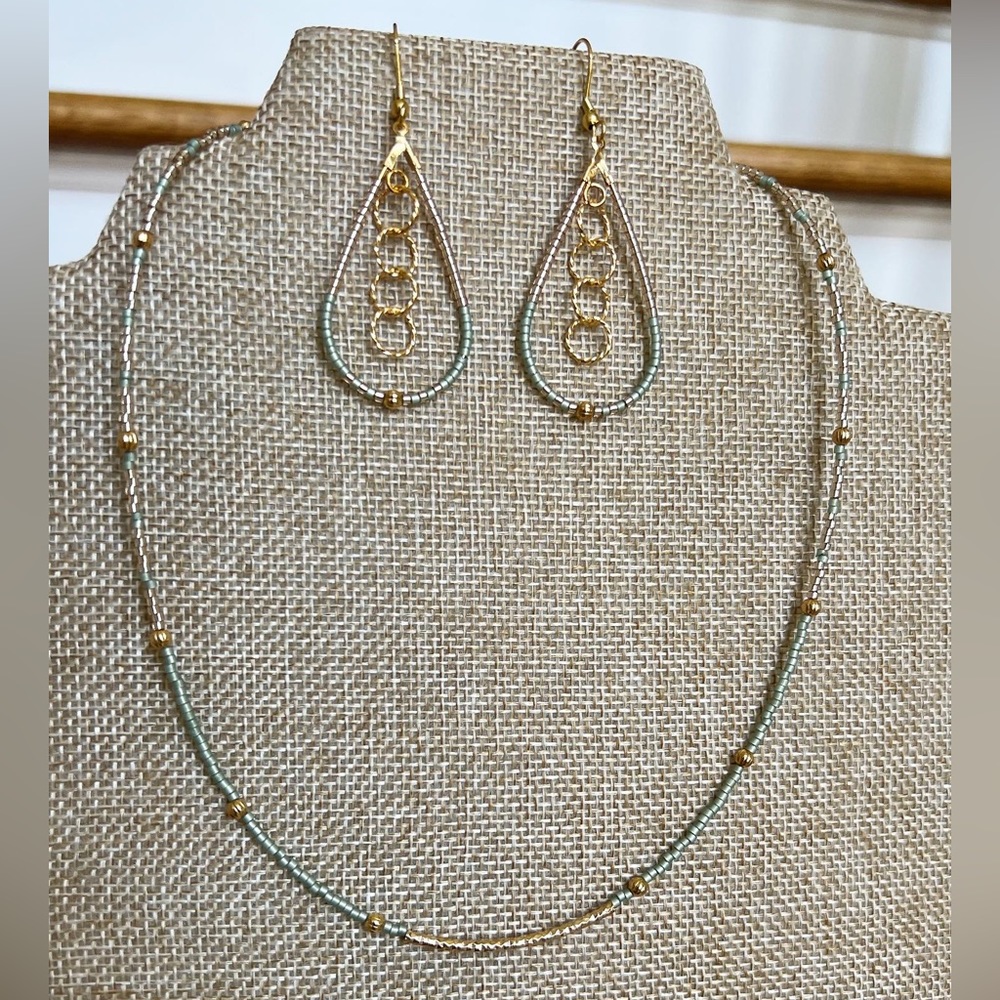 Gold and Light Sage Necklace and Earrings